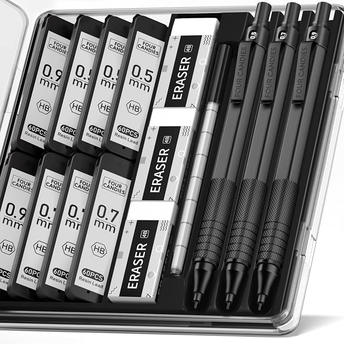 Four Candies Metal Mechanical Pencil Set, 3PCS, 0.5 & 0.7 & 0.9mm, Black