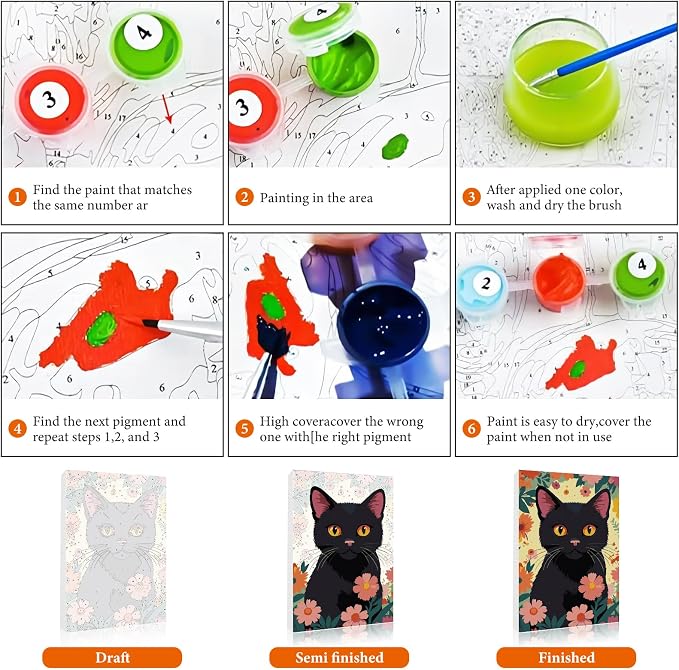 Fountor Framed Paint by Numbers Kit for Adults Beginner 8x12 in, Black Cat