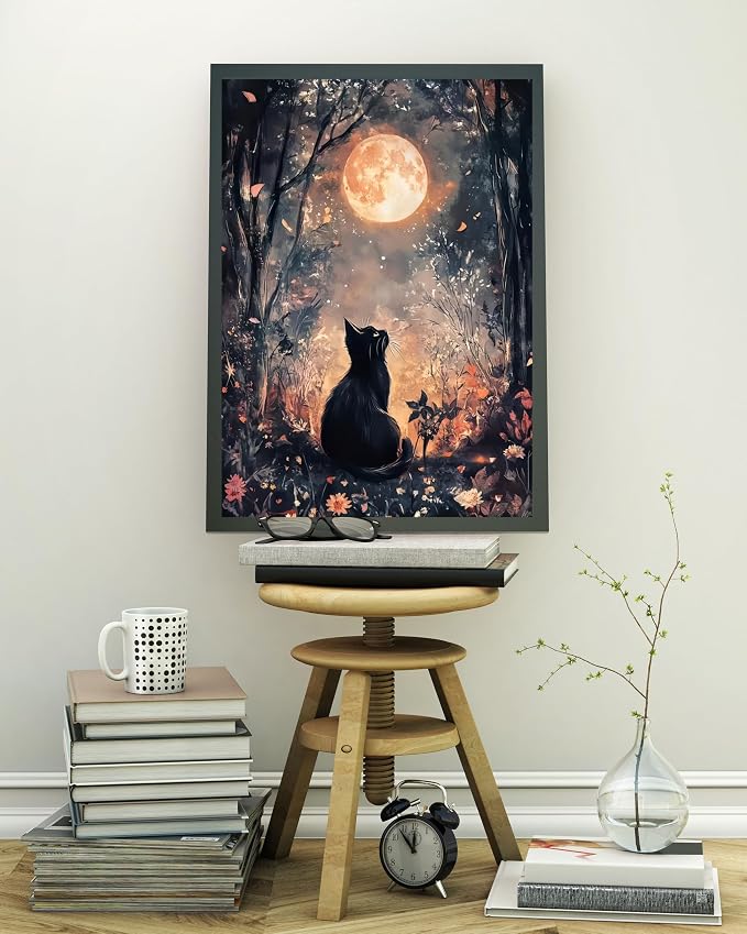 Black Cat Moon 5D DIY Diamond Painting Kits for Adults | Diamond Art Kits for Beginners, Full Drill Dot Painting Gem Art Kits for Home Wall Decor11.8 x15.7 Inch