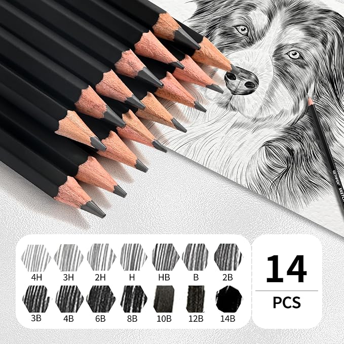 GETHPEN Drawing Sketching Pencil Set, 14 Pieces Graphite Pencils(14B - 4H) | 14Pcs Graphite Drawing Pencil Set, 14B to 4H Hardness, Sketch Shading Supplies for Beginners and Professional Artists