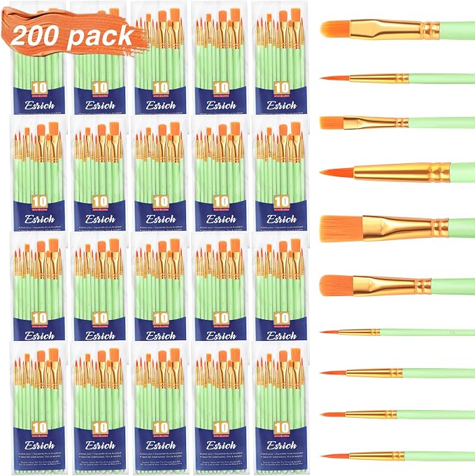 ESRICH 200PCS Paint Brushes, Paint Brush for Acrylic Painting | Artist Paintbrushes for Oil Watercolor, Body Face Rock Canvas, Small Paint Brushes for Kids, Green
