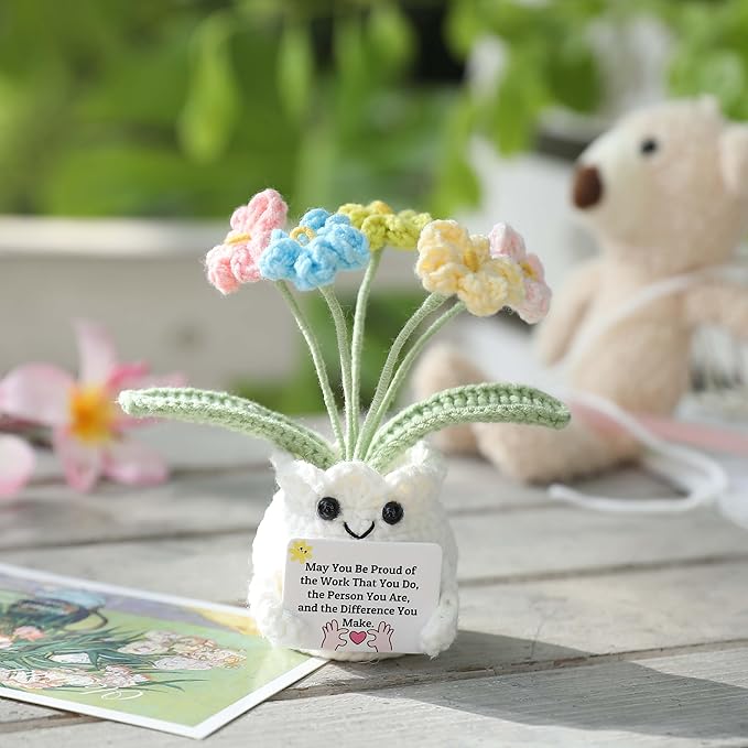 Forget-Me-Not Crochet Flower Pot, Meaningful Gift for Boss & Leaders