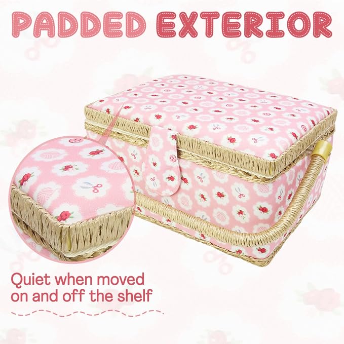Sewing Basket with Accessories, Large Sew Storage Organizer with Complete Tools, Wooden Sew Box with Removable Tray Tomato Pincushion for Mending, Pink Rose