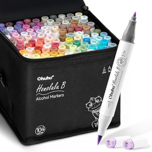 Ohuhu Alcohol Markers 104 Colors Brush& Fine for Artist Adult Cozy Coloring | AP Certified Refillable Art Marker Set, Dual Tips Alcohol-based for Beginners Drawing Illustration Sketching, Honolulu B