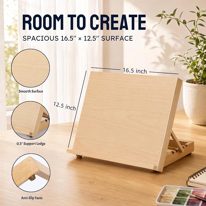 12.5"x16.5" Foldable Beechwood Tabletop Painting Easel | Portable Drafting Table & Art Stand, 5-Position Desk Easel With Smooth Art Board For Studio Sketching, Art Supplies