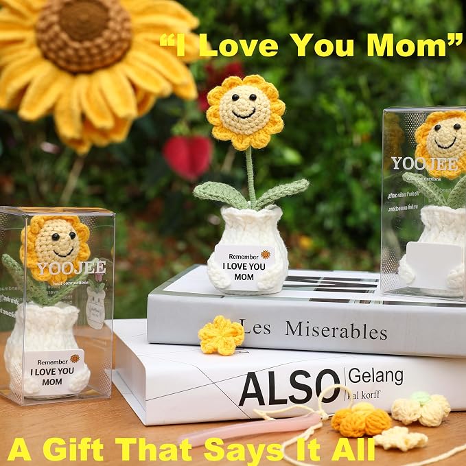 Crochet Sunflower Gift for Mom from Daughter Son, “I Love You Mom” Handmade Flower, Cute Desk Decor, Appreciation Ready-to-Gift with Box