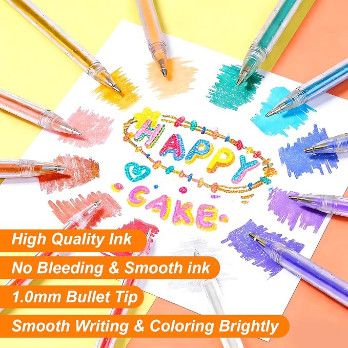 Glitter Gel Pens, 48 Colors Sparkle Gel Pens for Adult Coloring Books, Colorful Metallic Glitter Ink Pen Set, Colored Pen Markers with Shimmer Effect for Journaling, Writing Drawing Taking Office