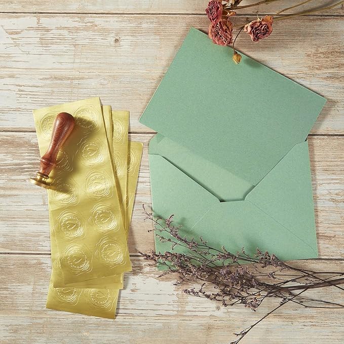50 Pack Sage-Green A6 Envelopes with Cards and Gold Stickers, 4x6