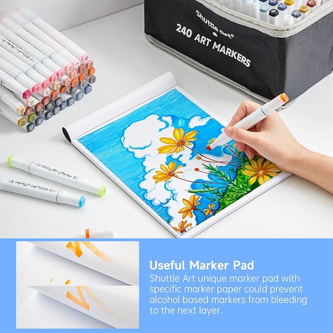 Shuttle Art 240 Colors Alcohol Markers, 239 Colors Dual Tip Art Marker Set Plus Colorless Blender, Micro-tip Pens, White Highlighter Pens, Marker Bag with Holders Perfect for Students Adults Coloring