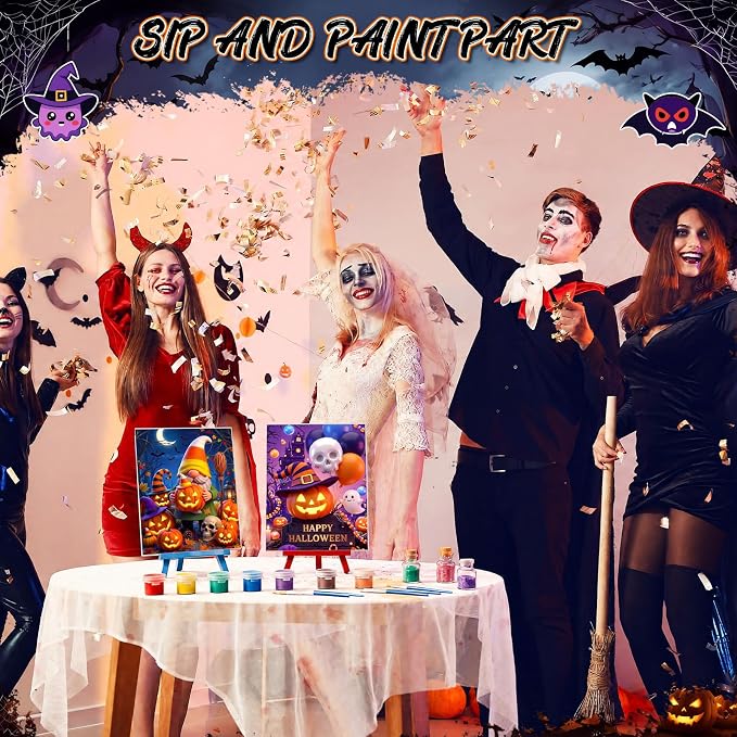 Blosssound 24 Pack Cute Halloween Pre Drawn Canvas to Paint Pre Printed Canvas Painting Kits with Easel Paint Pots Brushes Stretched Panels Bulk for Adult Party Student Beginner Birthday DIY