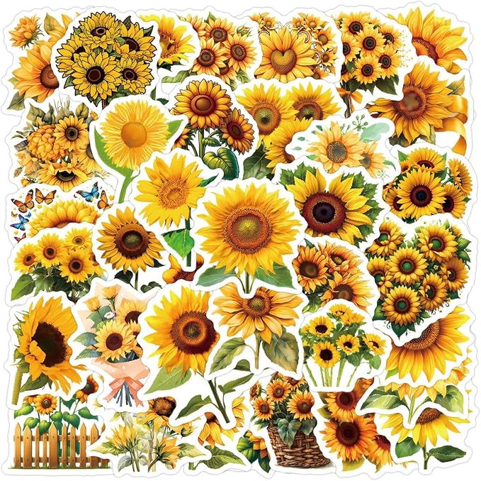 60 Pcs Sunflower Stickers, Transparent Waterproof Vinyl Decals, Aesthetic Floral Stickers for Journaling, Scrapbooking, Laptop, Water Bottle, Phone Case, Happy Theme Decoration(Colourful-F8)