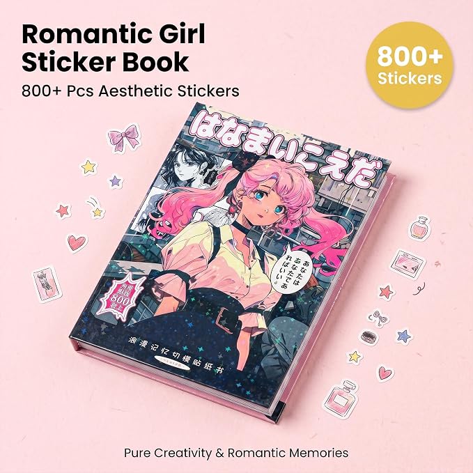 Tmtains 800Pcs Japanese Sticker Book for Scrapbook Heisei Retro Comic Books Style Kawaii Korean Sticker for Journaling Aesthetic Japanese Stickers Book for Adults DIY Crafts Junk Journal Gifts (Girl)