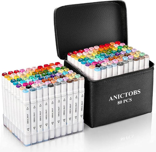 Alcohol Markers 80 Colors with Base Support, Drawing Art Markers Perfect for Students Kids and Adults Comics Sketching Illustration Artistic Creation Gift