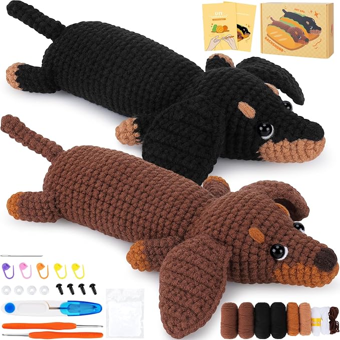 Fortuning's JDS Crochet Kit for Beginners, 2 PCS Dachshund Crochet Kits