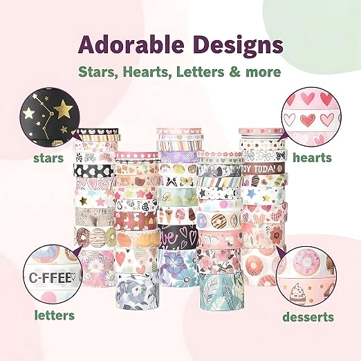 50 Rolls Washi Tape Set, Assorted Sizes, for Junk Journal Scrapbook, Bullet Journaling Scrapbooking Supplies, Planner Sticker DIY Craft Decor (Serene Basics)