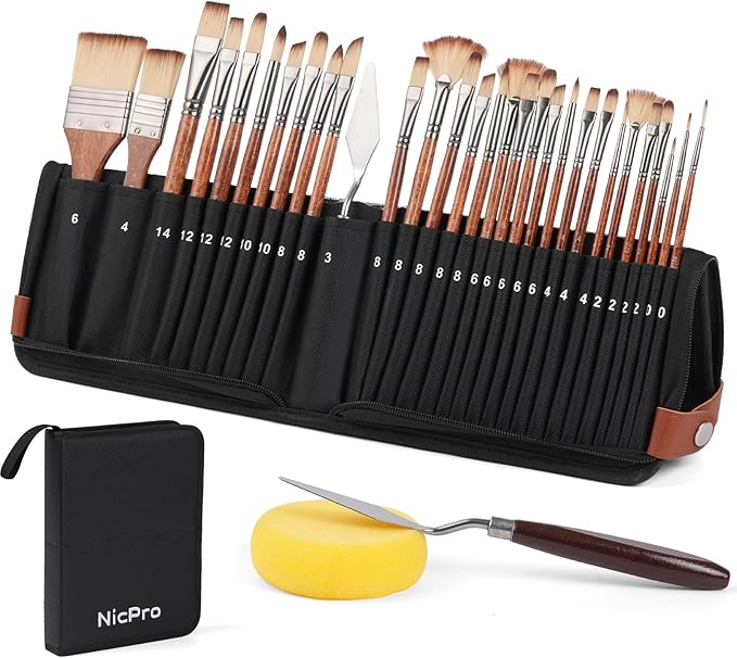 Nicpro 30 PCS Paint Brush Set, Professional Acrylic & Oil Paint Brushes | No Shedding Synthetic Bristles, Works for Acrylic, Oil, Watercolor, Gouache, Includes Self-Standing Case & Palette Knife