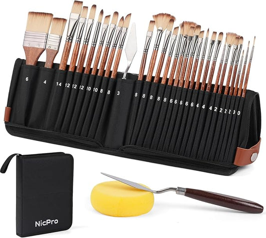 Nicpro 30 PCS Paint Brush Set, Professional Acrylic & Oil Paint Brushes | No Shedding Synthetic Bristles, Works for Acrylic, Oil, Watercolor, Gouache, Includes Self-Standing Case & Palette Knife