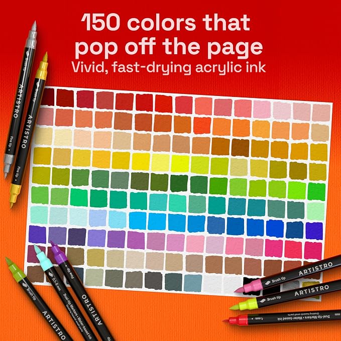 ARTISTRO 150 Acrylic Dual-Tip Glass Marker Pens for Wine Glasses | Brush + Fine Tips Vibrant Dual Tip Paint Pens for Party Charms, DIY, Craft - Art and Craft Supplies for Adults, Teens, Kids