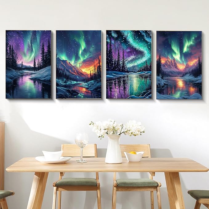 4 Pack Framed Paint by Numbers Kit for Adults Aurora with Wooden Easel | With Frame Canvas 8x12 IN, For Adults Beginner, DIY Acrylic Painting, Stress Relief Craft Kits, Home Wall Decor Gift