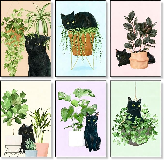 6 Pack Paint by Numbers Kit for Adults & Beginners, Black Cat & Green Plant | Paint by Number Kits on Canvas without Frame, 8x12 Inch, DIY Painting Kit for Home Wall Decor, Gifts for Women & Men