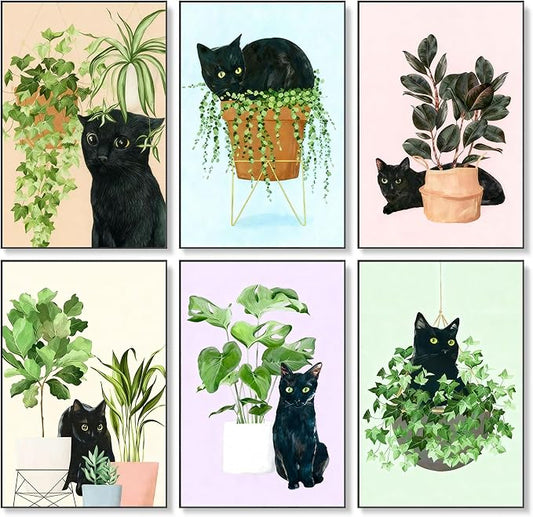 6 Pack Paint by Numbers Kit for Adults & Beginners, Black Cat & Green Plant | Paint by Number Kits on Canvas without Frame, 8x12 Inch, DIY Painting Kit for Home Wall Decor, Gifts for Women & Men