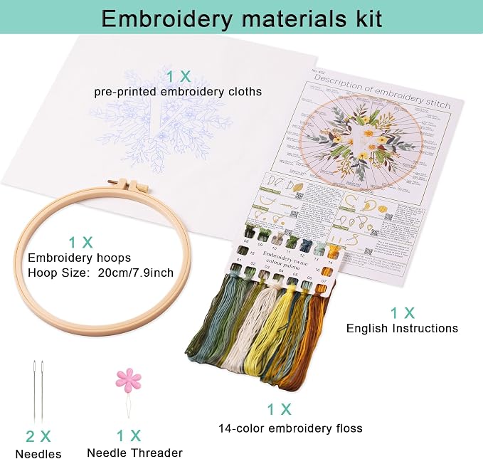 Harimau Letter Pattern V Embroidery Kit for Adult Beginners, Complete Starter Pack with 1 Hoop, Needles, Instruction Guide & Embroidery Stitch Video Tutorials