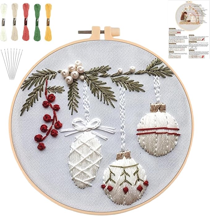 YOUDRN Christmas Embroidery Kits, Holly-Bauble Embroidery Kits Adults