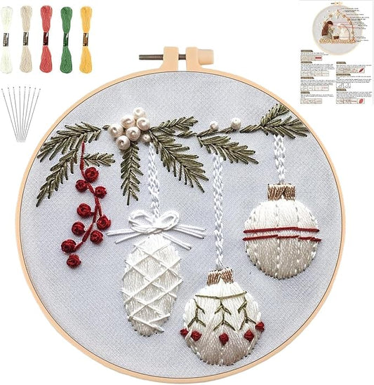 YOUDRN Christmas Embroidery Kits, Holly-Bauble Embroidery Kits Adults