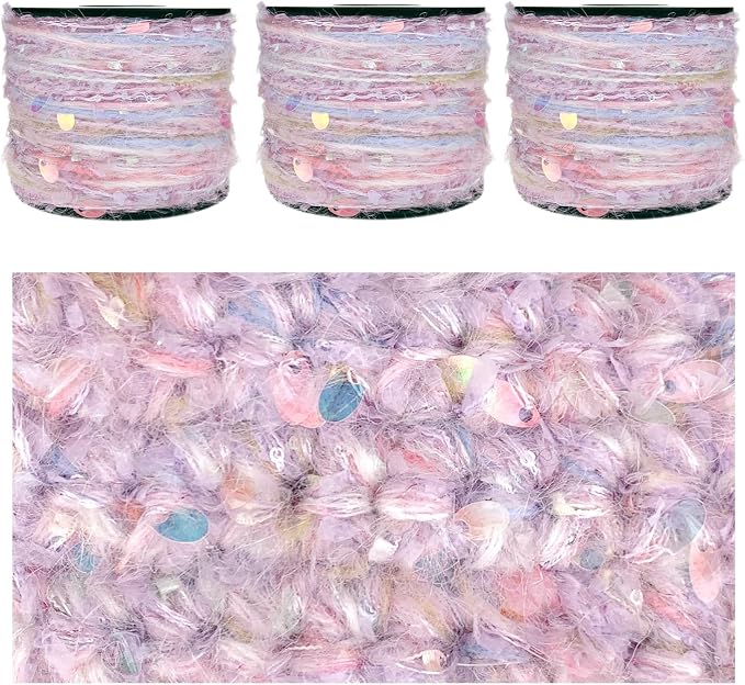 Artisanal Yarn Collection Multifiber Fancy Yarn with Sequins & Iridescent Shimmering Threads for Knitting Crocheting Crafts DIY, Set of 3 Rolls (Lilac)