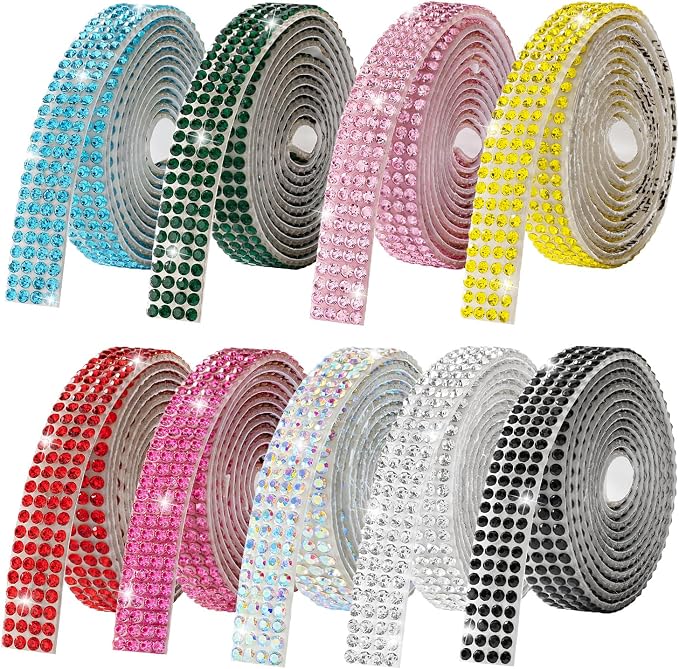 Rhinestone Ribbon Self Adhesive Crystal Rhinestones, 9-Rolls Bedazzling Strips, 9-Yard Rhinestone Strips for DIY Craft, Rhinestones Tape Self Adhesive