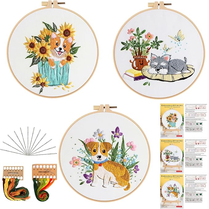 GLTAYLMY Dogs Embroidery Kit for Beginners with Pattern and Instructions,3 Pack Cross Stitch Kits,1 Plastic Embroidery Hoops,Threads and Needles,Needlepoint Kit for Adults
