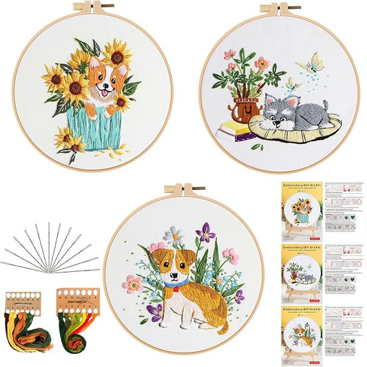 GLTAYLMY Dogs Embroidery Kit for Beginners with Pattern and Instructions,3 Pack Cross Stitch Kits,1 Plastic Embroidery Hoops,Threads and Needles,Needlepoint Kit for Adults