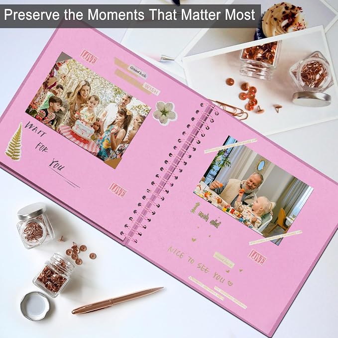 DIY Scrapbook Album 8x8 Inch, Hardcover Kraft Paper Scrap Book Photo Album, Blank Page Memory Scrap Book for DIY Crafts, Traveling, Wedding, Anniversary, Birthday, 40 Pages (20 Sheets), Pink