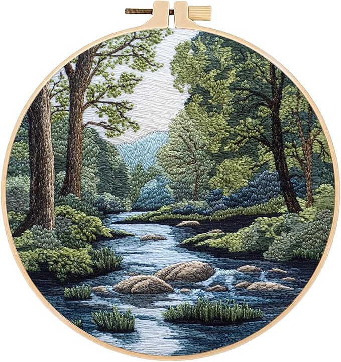 FONNUY Embroidery Kit for Beginners, Boho Nature Landscape Pre-Stamped Pattern Kits for Adults with Hoop, Easy to Follow Color Thread Needlework, 8'' Hoop (Verdant Riverside)