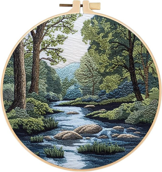 FONNUY Embroidery Kit for Beginners, Boho Nature Landscape Pre-Stamped Pattern Kits for Adults with Hoop, Easy to Follow Color Thread Needlework, 8'' Hoop (Verdant Riverside)