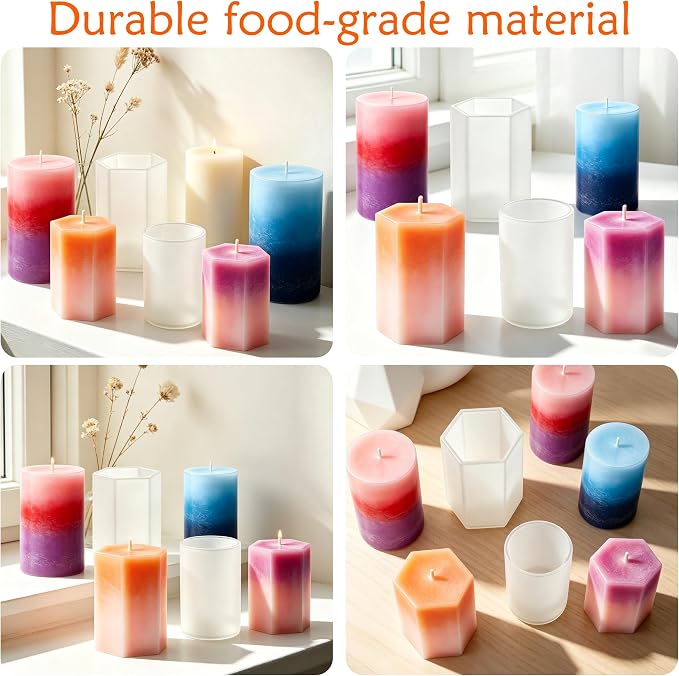6PCS Reusable Silicone Candle Molds Set - Cylinder & Hexagon Resin Mold for DIY Candle Making, Soap, Resin Crafts, Easy Release Candle Making Kit