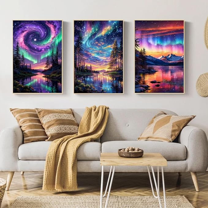Mandun Aurora Paint by Numbers Kit for Adults, 3 Pack, 7.8x11.8 inch | DIY Painting Kits Crafts for Adults, Relieve Stress, Frame Canvas, Wooden Easel, Gift Box, Home Wall Decor