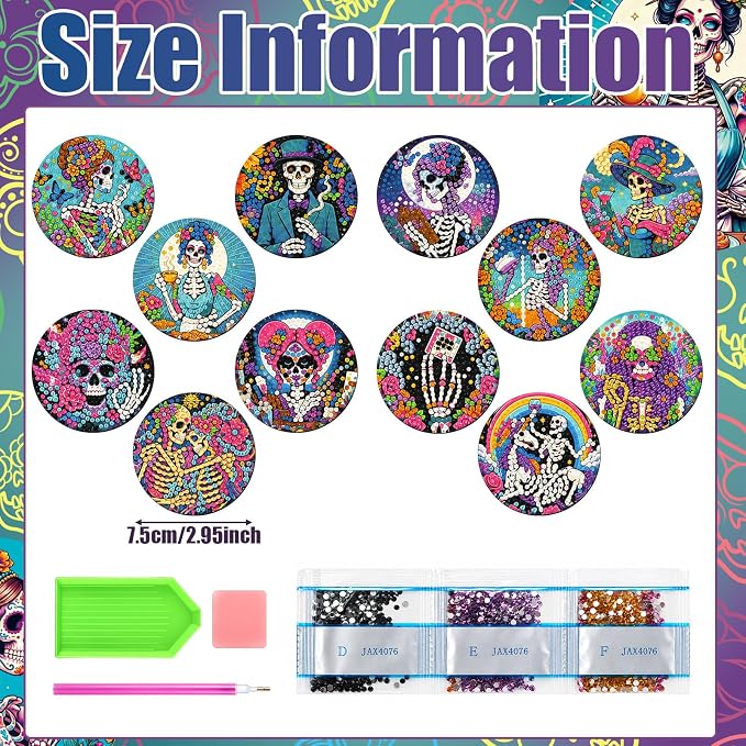 Zonon 12 Pcs Halloween Diamond Art Magnets Sugar Skull Diamond Painting | Colorful Skull Magnetic Stickers Kits for Adults, Easy DIY Fridge Decor for Party Home, Fun Craft