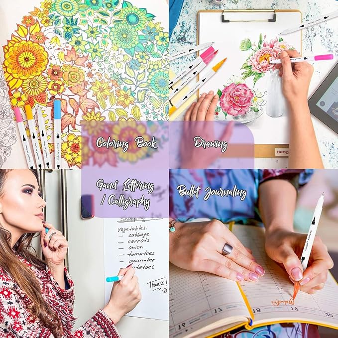 Soucolor 24 Dual Tip Brush Markers,Water-Based Art Pens,for Coloring Books | 24 Vibrant Water-Based Colors,Brush + Fine Tip,Color-Coded,Plastic Case,Lettering,Coloring Books,Kids &Adults.