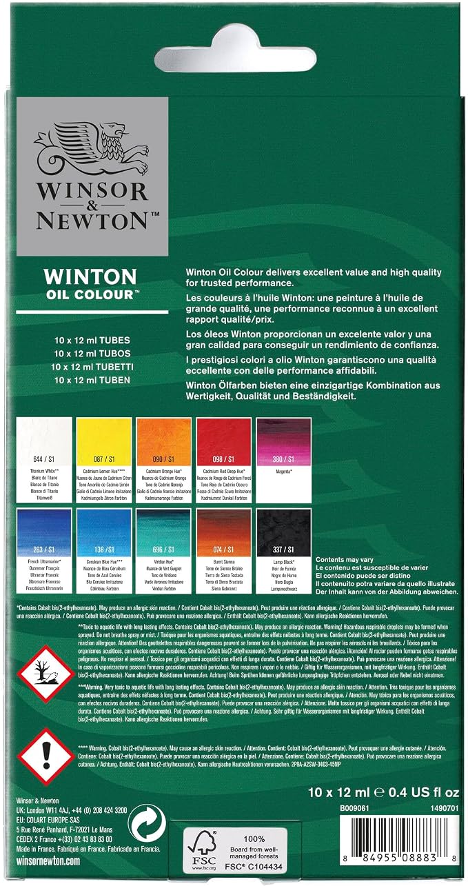 Winsor & Newton Winton Oil Color Paint Set, 10 x 12ml (0.4-oz) Tubes | Artist pigments, Durable, Lightfast, Permanent, Uniform Consistency, Great Pigment Load