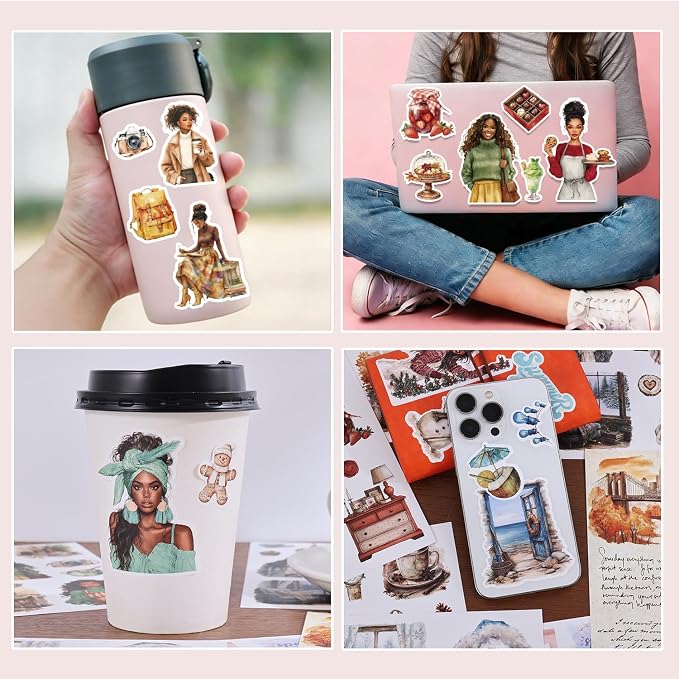 Black Girl Sticker Book of Four Seasons - 24 Pages Hand Drawn Waterproof Vinyl Stickers for Journals, Planners, Scrapbooking, Laptop & Water Bottles - Melanin Power Aesthetics Gift Ideas for Women