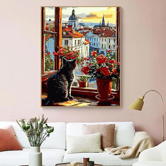 ZRIZQ Paint by Numbers Kit for Adults Beginner,Cityscape Cat,16x20 | Full set with wooden brushes,rolled canvas,rich paints.Calming activity.Beginner friendly.Just open and paint.