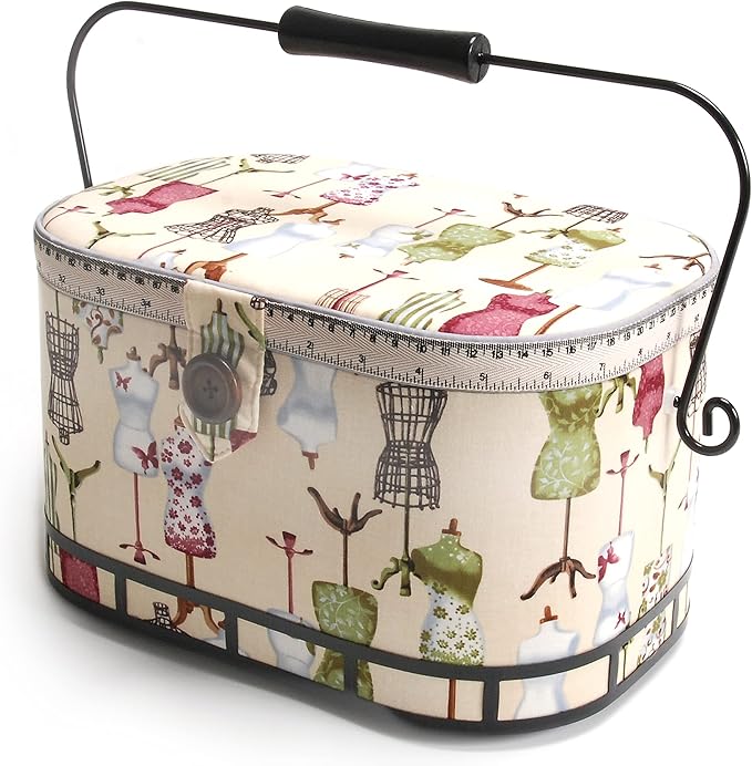 Dritz Large Oval Sewing Basket with Metal Handle, Vintage Dress Form Print