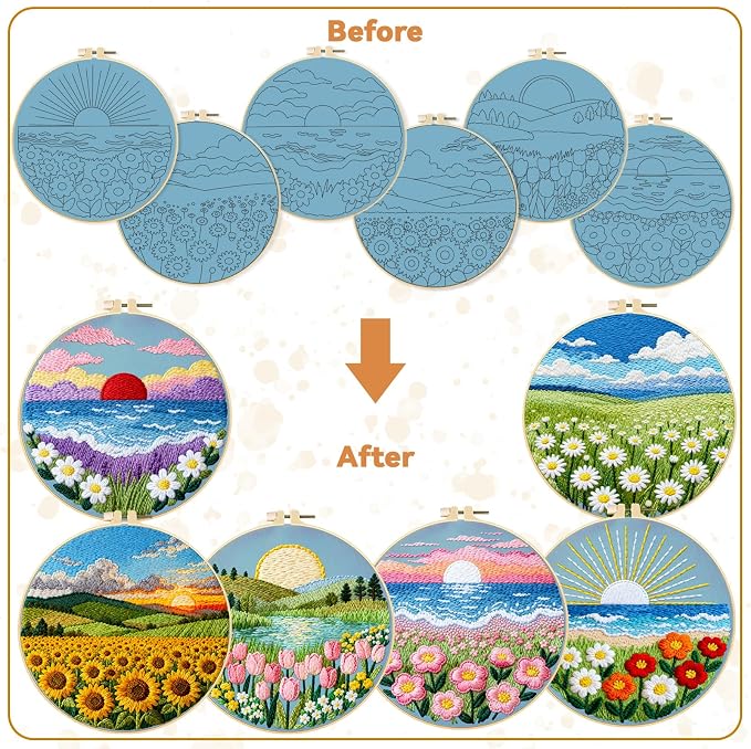 BEUNITONE 6 Set Flower Sea Starter Embroidery Kit with Pre-stamped Pattern Needlepoint Craft Kits with Embroidery Hoops Complete DIY Handmade Cross Stitch Set for Home Decor and Festival Gifts 20x20cm