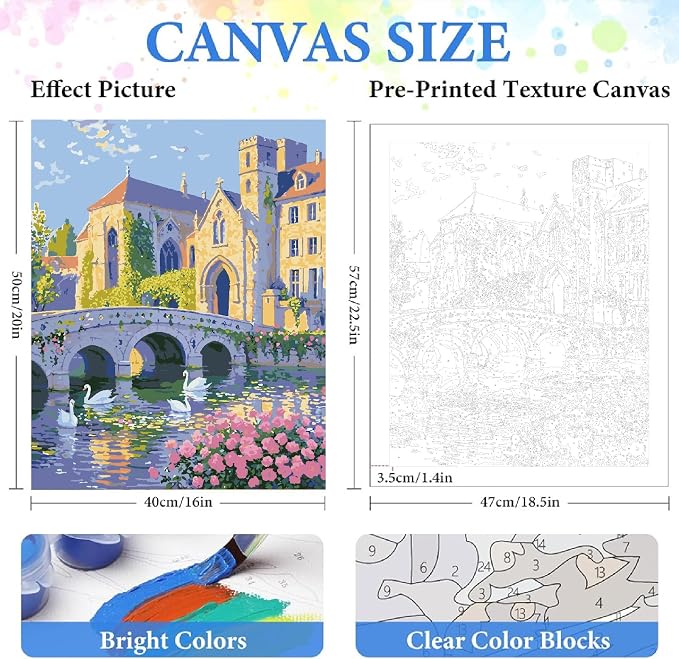 ZRIZQ Landscape Paint by Numbers Kit for Adults Beginner,Cityscape,16x20 | Full set with rich paints,wooden brushes,rolled canvas.Calming activity.Beginner friendly.Just open and paint.