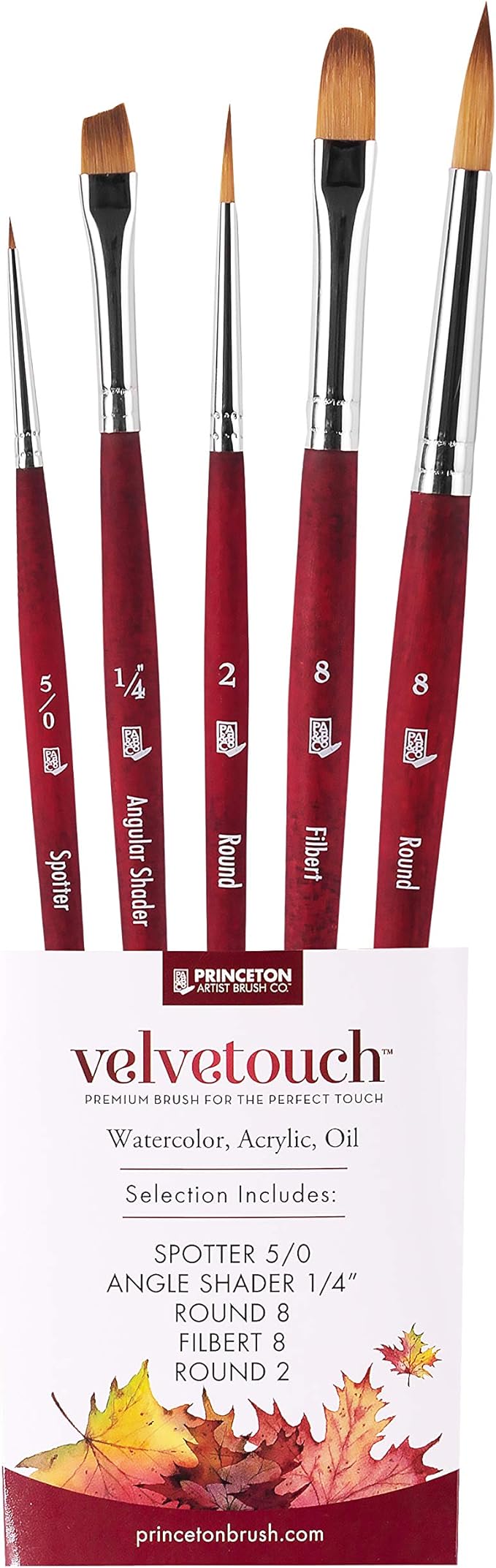 Princeton Velvetouch Series 3950 - 5pc Professional Paint Brushes for Acrylic Painting - Oil, Watercolor & Acrylic Paint Brushes Set - Spotter 5/0, Angle Shader ¼”, Round 8, Filbert 8, Round 2 | 4pc Watercolor Brushes Professional Soft Synthetic Squirr...