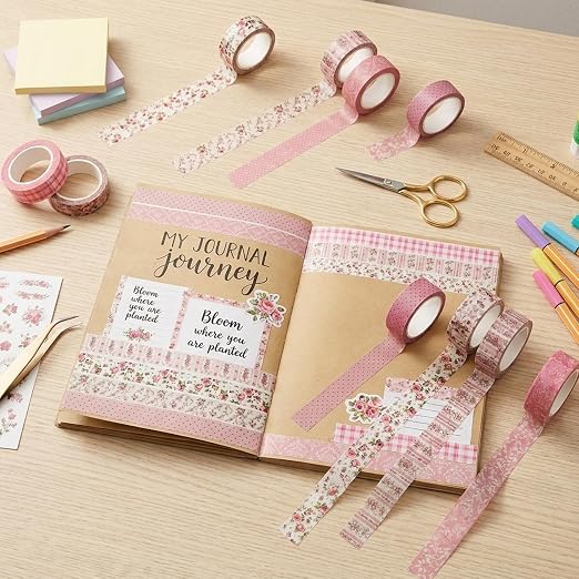 12 Roll Floral Washi Tape Set Flower Decorative Masking Tape for Scrapbook | Pink Floral Print Washi Tape Set for Back to School Arts DIY Craft Scrapbook Journal Supplies Gifts