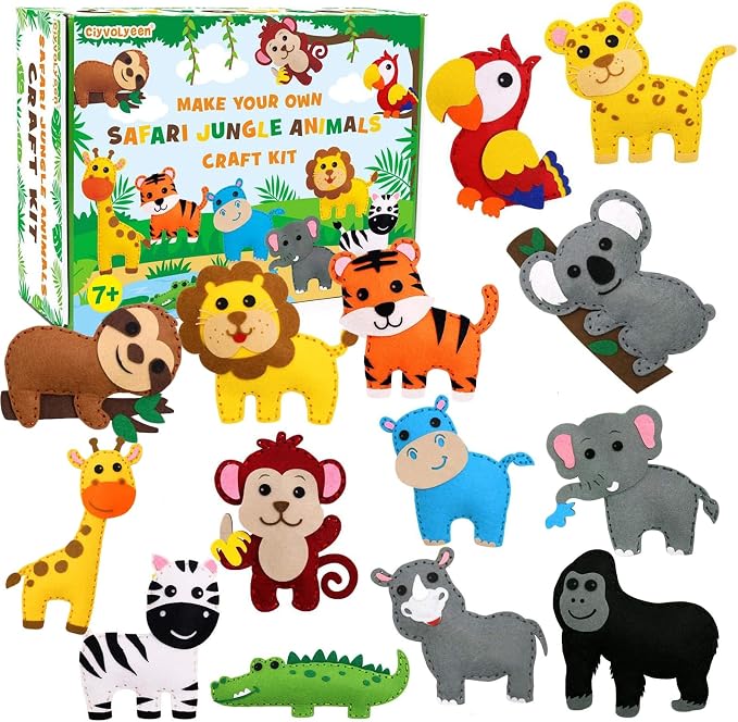 CiyvoLyeen Kids Sewing Kit Crafts – DIY Safari Jungle Animals Felt Plush Ornaments Sewing Set for Girls & Boys Ages 7–12, Beginner Craft Kit Set of 14