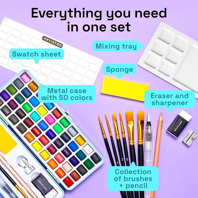 ARTISTRO Deluxe Watercolor Paint Set with Palette & Brush Pens - 100 Colors | Travel Watercolor Paint Set, Portable Painting Kit for Adults, Artists & Kids, Professional Watercolor Supplies