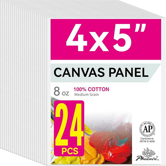 PHOENIX Small Painting Canvas Panels 4x5 Inch, 24 Bulk Pack - 8 Oz Triple Primed 100% Cotton Acid Free Canvas Boards for Painting, White Blank Flat Canvas Boards for Acrylic, Oil Paints
